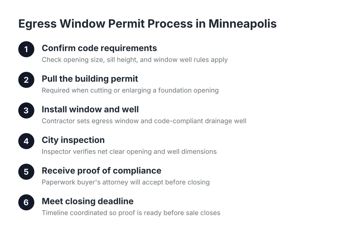 Steps for basement egress window code compliance and permits in Minneapolis