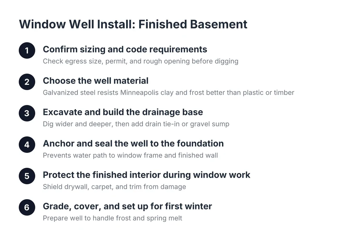 Six steps for window well installation in a finished basement, from sizing to winter prep