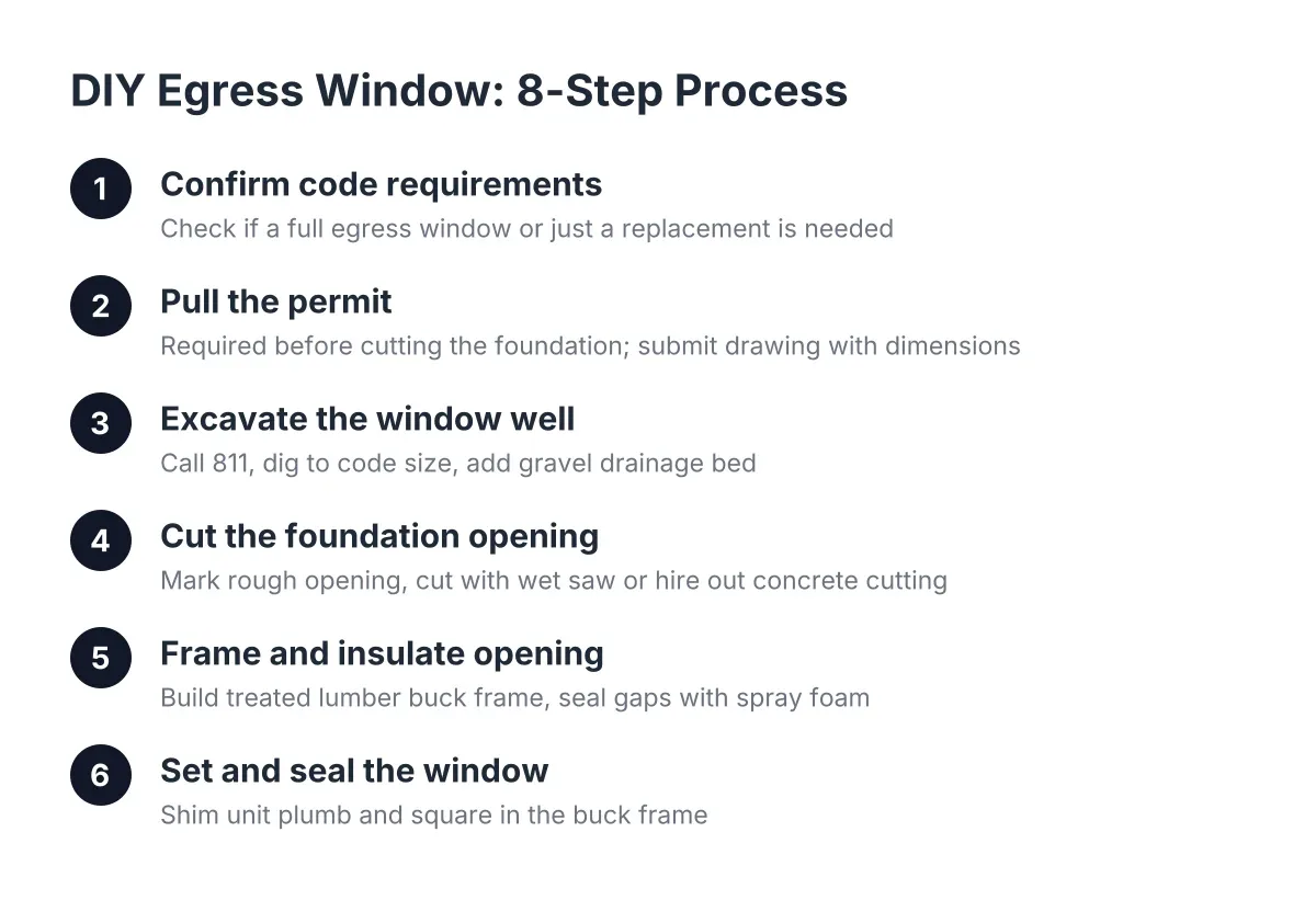 Diagram of DIY egress window steps from permit to setting the window