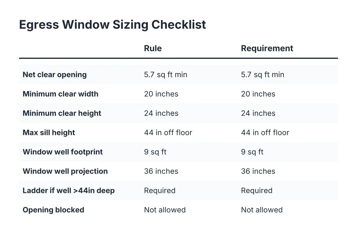 Checklist of egress window sizing requirements for Minneapolis basement windows