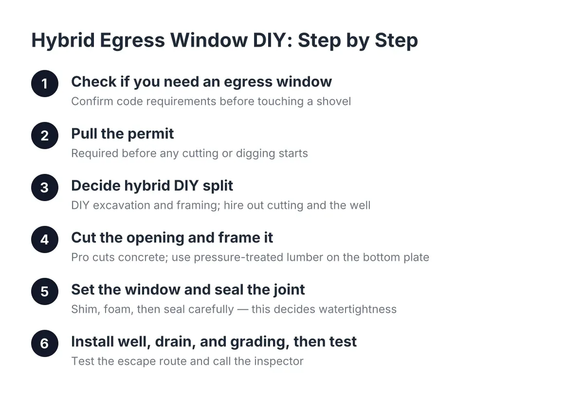 Diagram of steps in a hybrid egress window DIY installation process